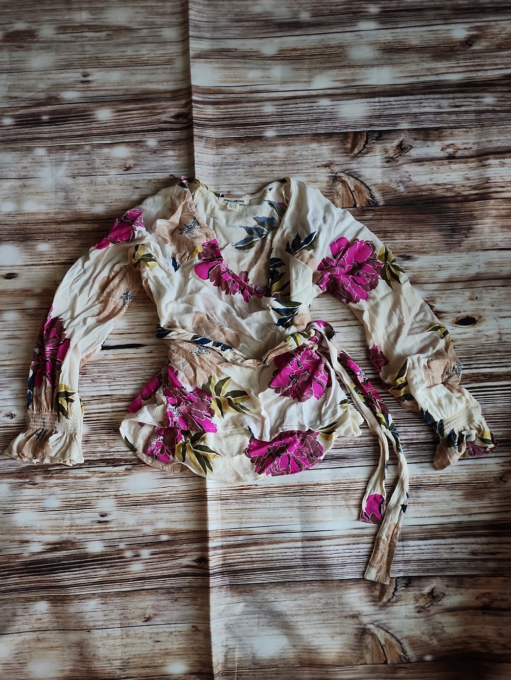 Billabong Floral Wrap Long-Sleeve Top in Cream and Fuchsia